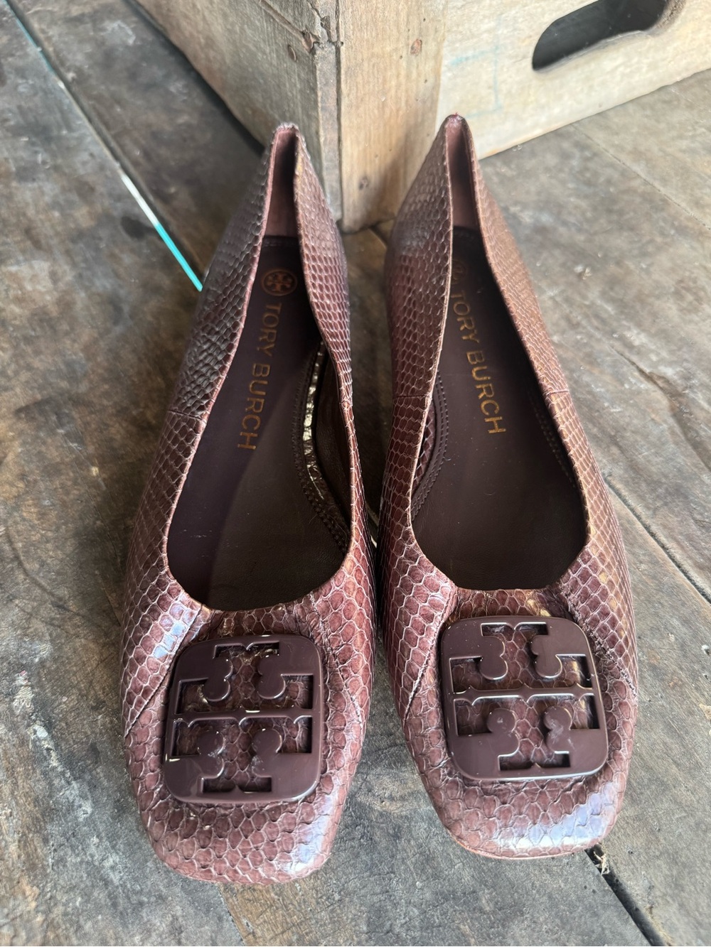 Tory Burch Georgia Ballet Flats Women’s Size 9 Brown Snakeskin Leather Logo
